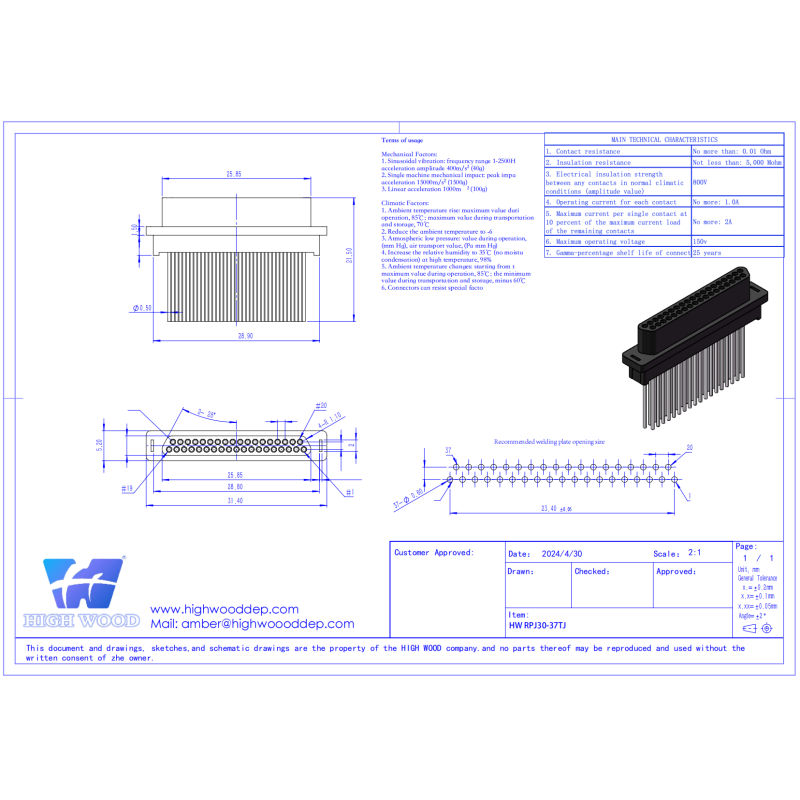 Customized Rectangular Connector HW RPJ30-37TJ Resist Special Environment