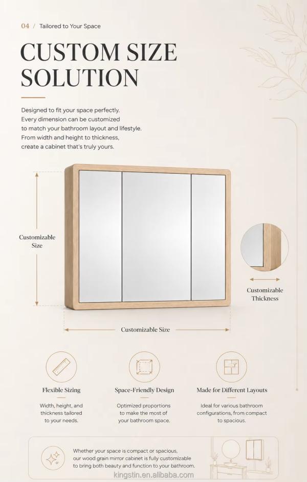 Kingstin Durable ABS Bathroom Mirror Cabinet, 3-Door Wall-Mounted Storage with Custom Size for Hotel Projects