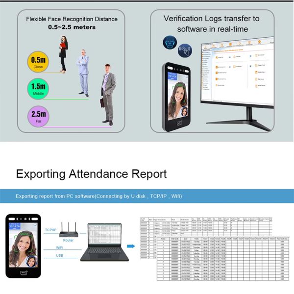 8 Inch Screen Dynamic Biometric Time Attendance System Fingerprint Face Recognition Access Control Device WIFI Cloud