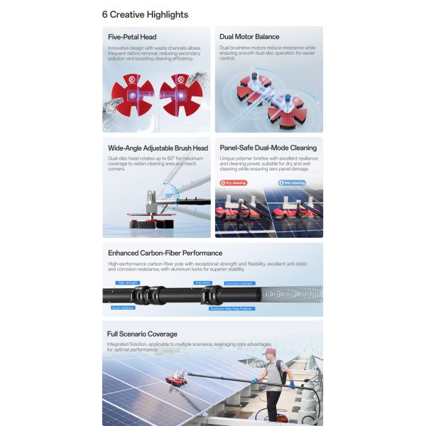 Solar Panel Cleaning Brush with Dual Disc Five Petal Brush Head for Safe Photovoltaic Panel Maintenance and Dust Removal
