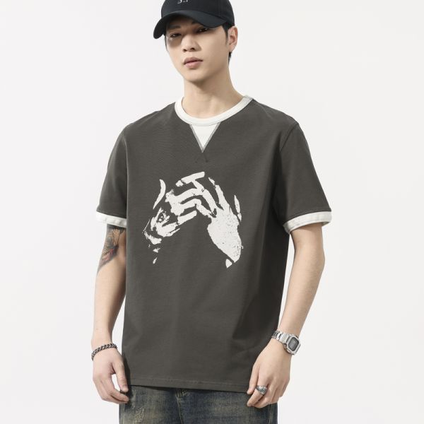 Vintage Knitted Retro Two Piece Heavyweight Solid Breathable O-Neck T-Shirt Men's Short Sleeved Summer Regular Fit 100% Cotton