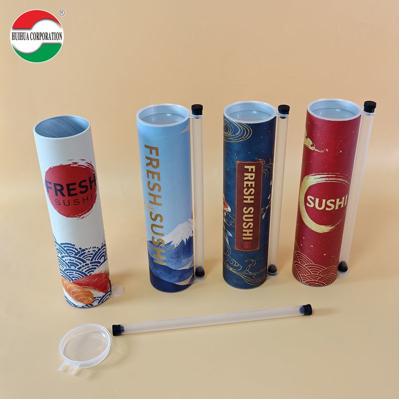 Custom Eco-Friendly Food Grade Craft Paper Sushi Push Pop Roll Packaging Cylinder Take-away Sushi Roll Tubes Hot Stamping Logo