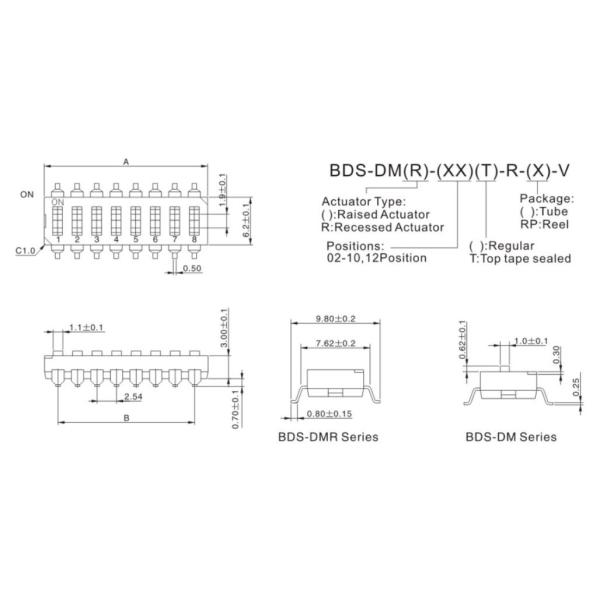 Polyimide KAPTON Smd Dip Switch , Electrical Life 2,000 Cycles Dip Switch 8 Pin