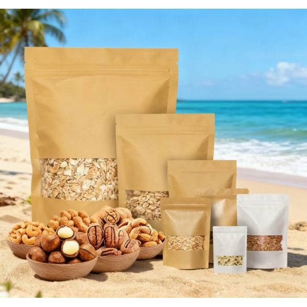 Customized Ziplock Brown Kraft Craft Paper Standing Pouches Biodegradable 100% Fast Delivery Food Packaging for Pizza and Nuts