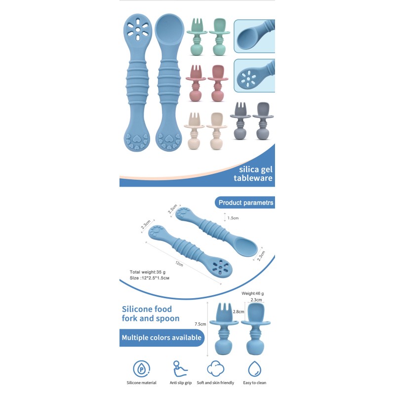OEM/ODM Silicone Short-handled Baby Training Tableware Set - Teething-friendly Spoon Fork for Complementary Food & Kindergarten