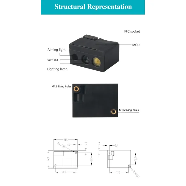 Small Embedded 2D Barcode Scanner with 1280*800 Image Sensor 50mm~750mm Depth of Field and 1.2m Drop Height