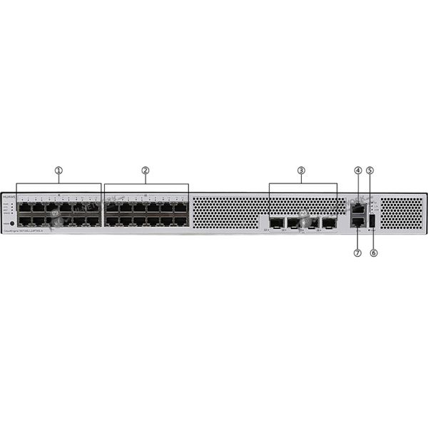 front-panel-s5735s-l24ft4s-a-datasheet Huawei CloudEngine Switch S5735S-L24FT4S-A with 12 × 10/100Base-Tx ports, 12 × 10/100/1000Base-T ports, and 4 × GE SFP ports