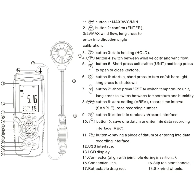 GT8907 Highly Sensitive Digital Anemometer Non Contact For Wind Speed Measurement