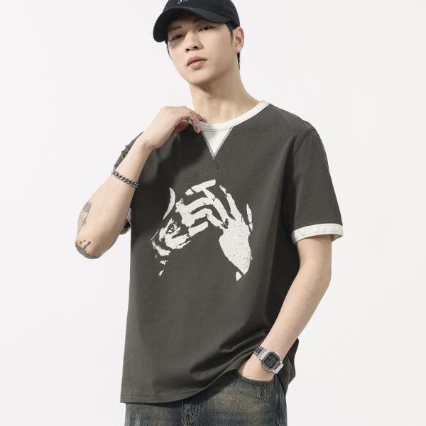 Vintage Knitted Retro Two Piece Heavyweight Solid Breathable O-Neck T-Shirt Men's Short Sleeved Summer Regular Fit 100% Cotton