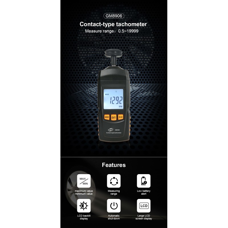 GM8906 Motor Tachometer Digital LCD with Backlight for Non-destructive Testing 0.5~99999 RPM Measurement