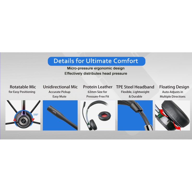 BT208 Series Wireless Bluetooth Headset, Lightweight Business Headset with Mic