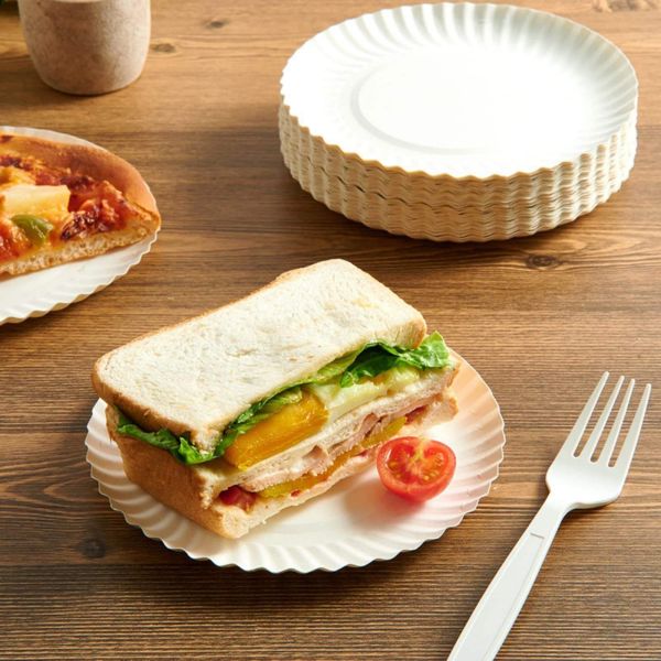 Sturdy disposable 9-inch paper plates designed to withstand heavy in catering kitchens banquet halls and food service operations