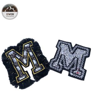 Letter Custom Made Embroidered Patches With Tassel Rhinestone Material