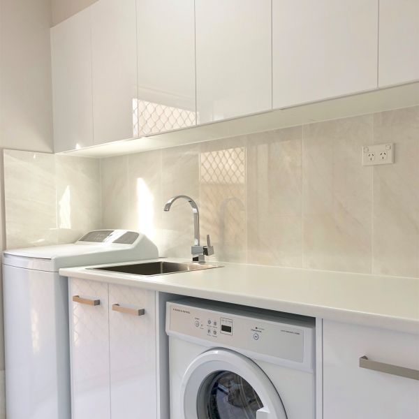 Glossy White Lacquer Laundry Storage Cabinet Sink