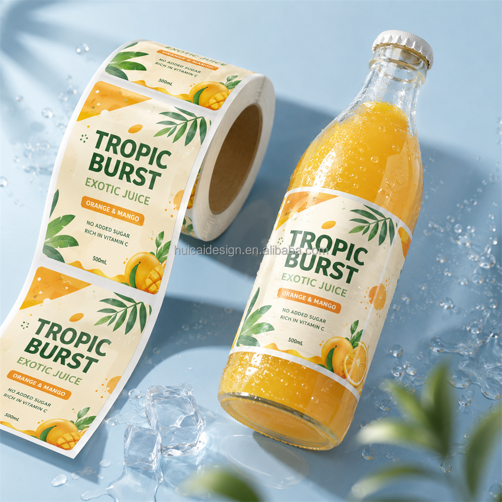 Custom White Transparent Orange Juice Bottle Label Waterproof Beverage Sticker Food Grade Adhesive Bottle Label Printing