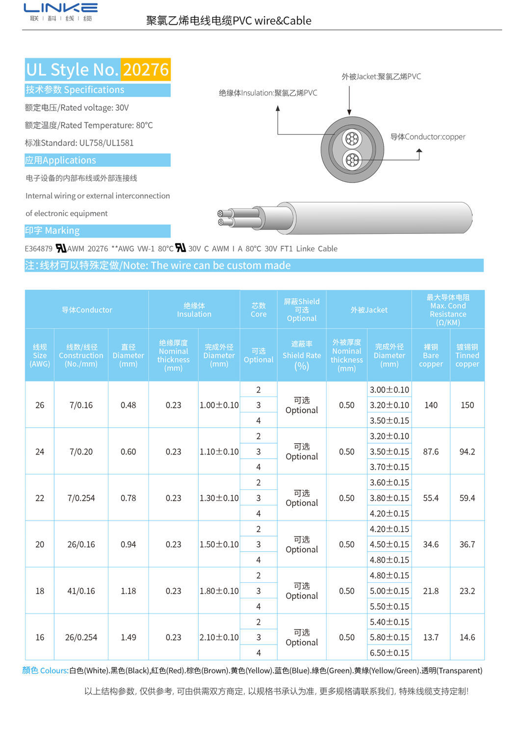 Sheath Material PVC UL 20276 16-26AWG FT1 Computer Cable for Electronic Equipment
