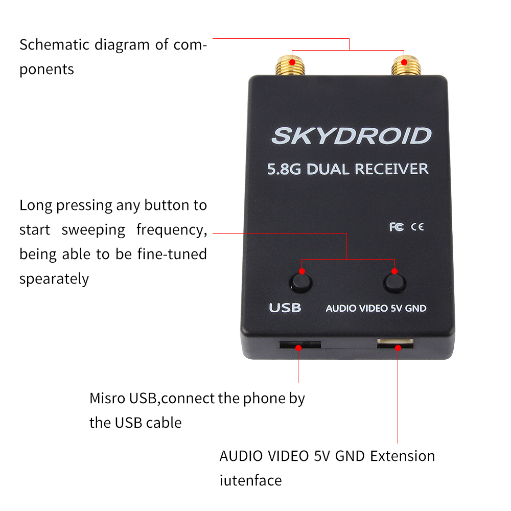 Skydroid 5.8Ghz 150CH True Diversity FPV Receiver For Android Tablets And Smartphones Plastic VR Headset With UVC OTG Monitor