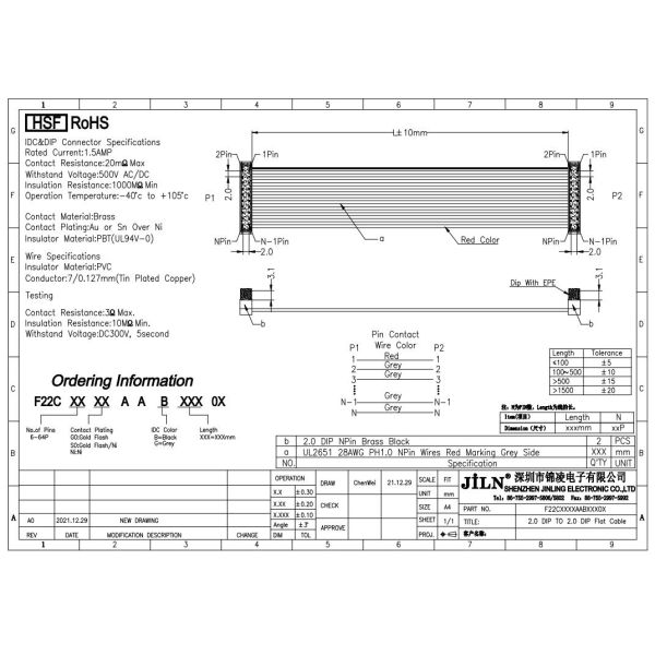 Length Customized Flat Ribbon Cable Assembly 2.00mm IDC Connector To DIP NP