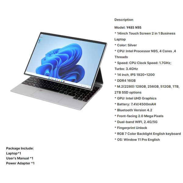 14.1 Inch Yoga Laptop Intel N95 16GB RAM 512GB SSD Win 11 Pro