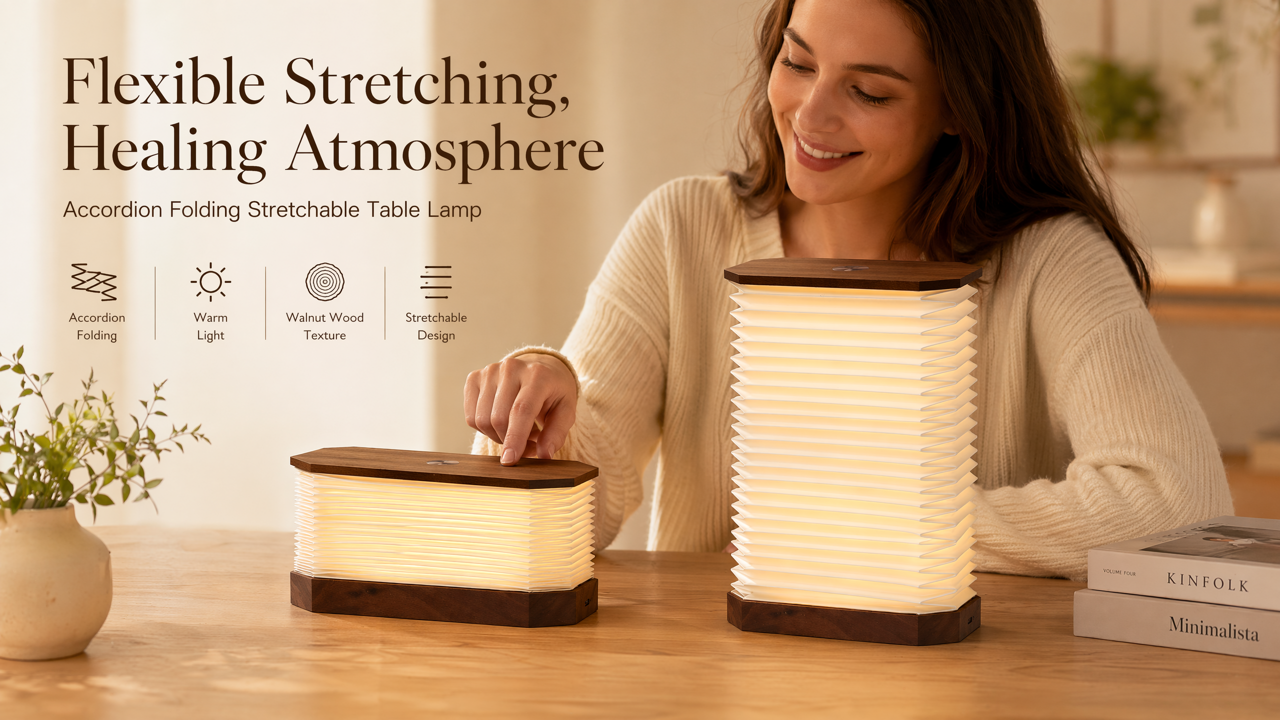 Flat-Fold Rectangular Paper Lamp for Small Spaces Upright Expandable LED Light with Wood Base Type-C Rechargeable Space-Saver