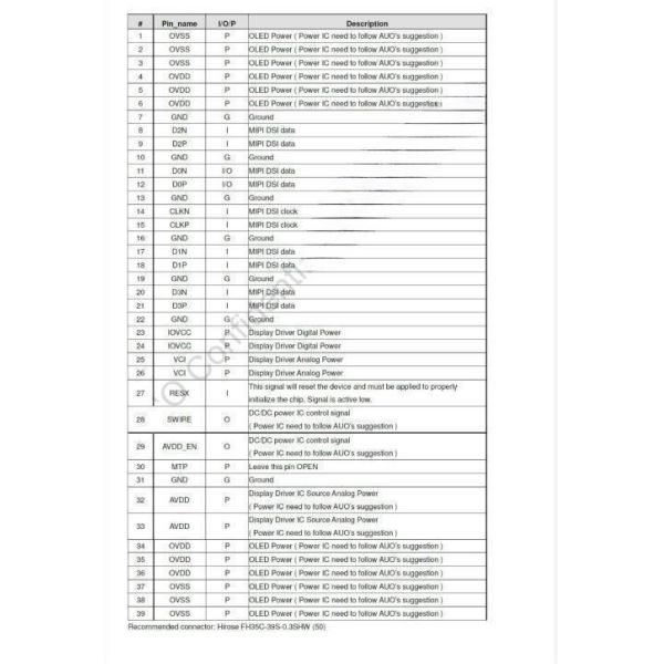 3.81 inch AMOLED display pin definition