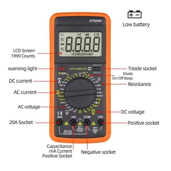 AC DC Ammeter Voltmeter Manual Range Transistor Tester Ohm Capacitance Diode DT9205A