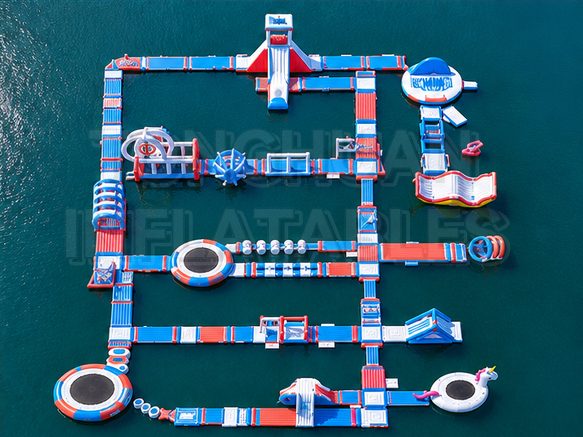 Custom Modular Inflatable Water Park with Floating Walkways Slides Trampolines and Balance Obstacles for Lakes Resorts Beaches and Commercial