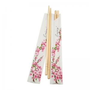 China Eco Friendly SGS Round Bamboo Chopsticks Printed Sleeves Disposable on sale