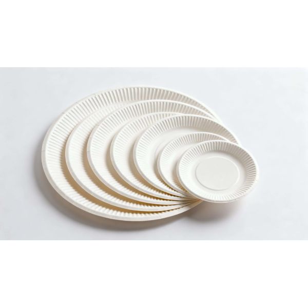 Sturdy disposable 9-inch paper plates designed to withstand heavy in catering kitchens banquet halls and food service operations