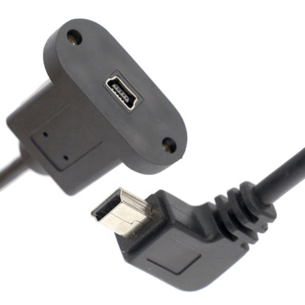 Screw Locking 90 Degree Right Angle Male to Female Mini USB Panel Mount Extension Cable