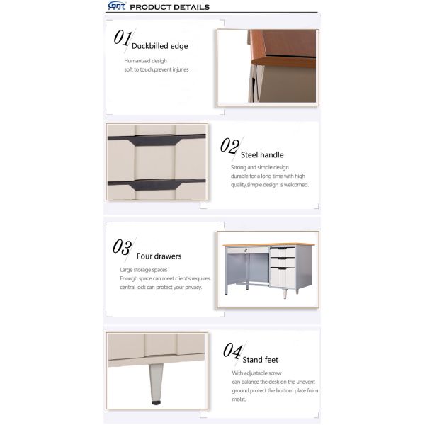 Multi Drawers Wood Steel Top Single Side Computer Desk Single Table Desk