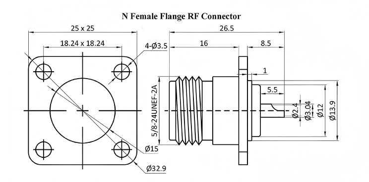 N-Type Bulkhead Flange Connector Gold-Plated Brass DC-6GHz Frequency Range ≤1.25 VSWR RF PCB Welded Connector