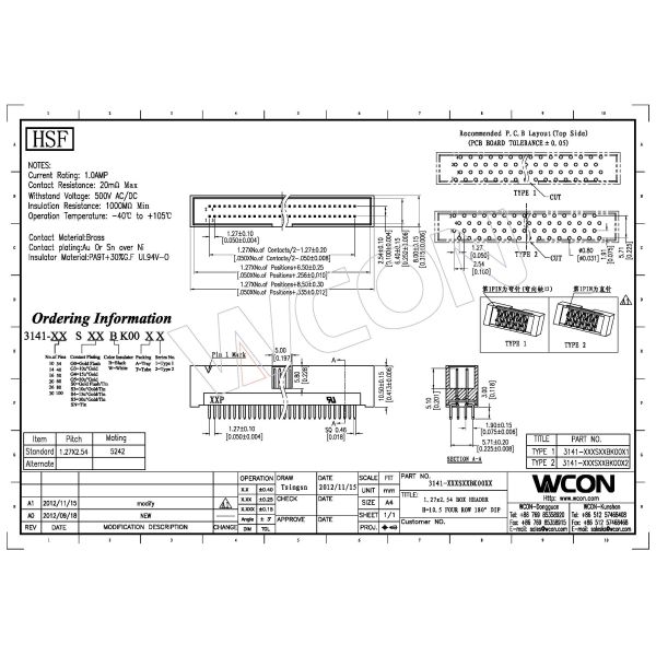 1.27*2.54mm Box Header Connector PA9T Temperature PCB, Microwave