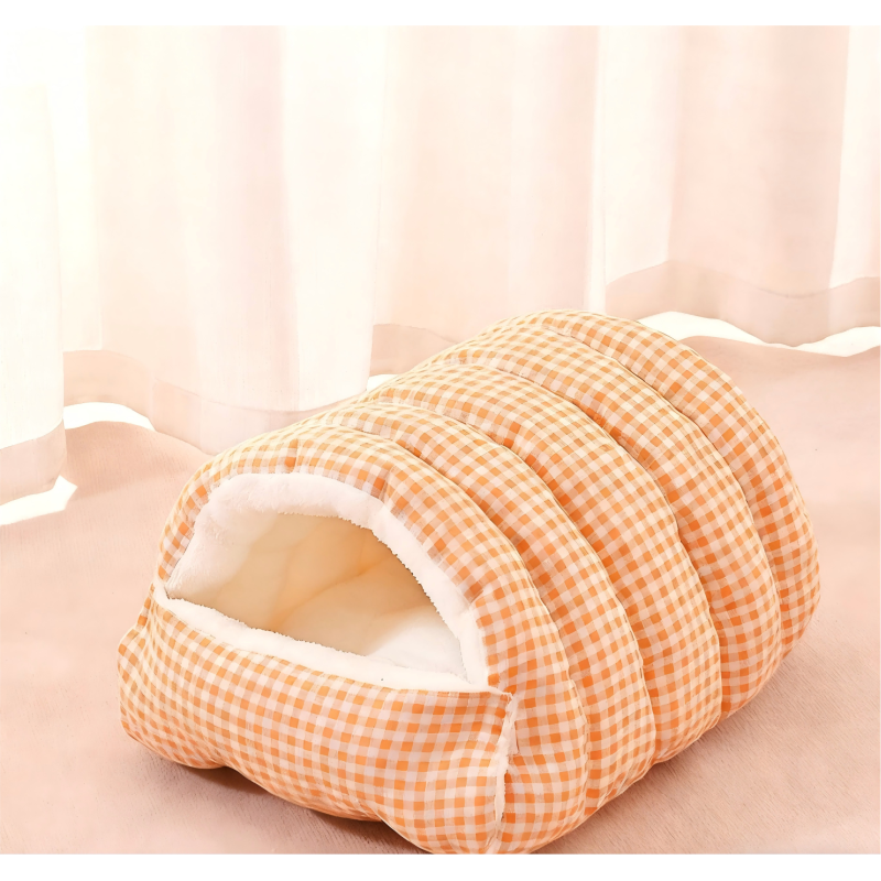 Soft Wool Enclosed Cat Bed with Plush Lining Removable & Washable Checkered Pet Furniture Hand Wash Only for Cats