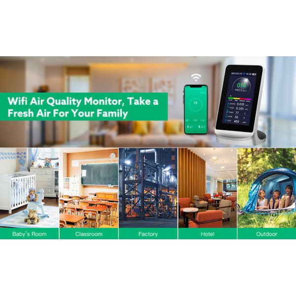 AQI CO2 Indoor Air Quality Monitors Detector 3000mAh For Home App Monitoring