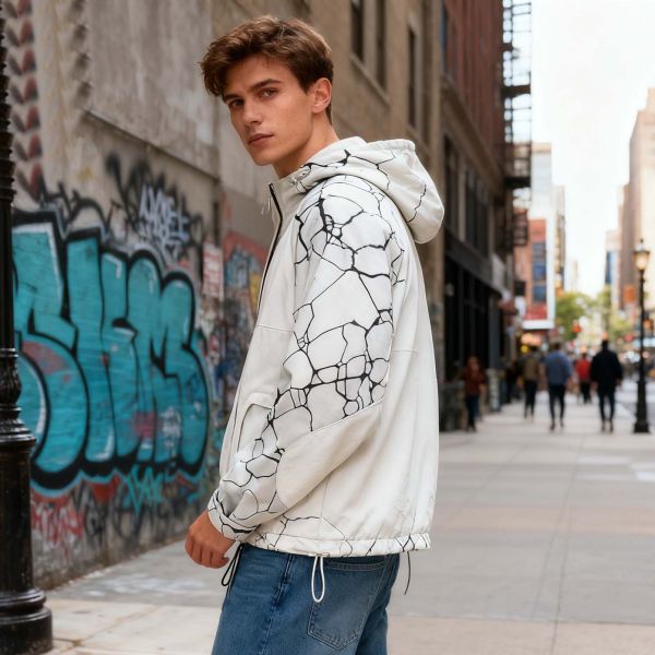 Custom Zip up Windbreaker Jacket Nylon Polyester Adjustable Cuff Printed Sleeve Wholesale Sportswear Jacket for Men