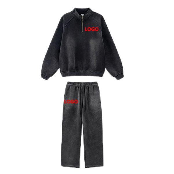 Customized Breathable 3D Embroidery Oversized Vintage Washed Half Zipper Hoodie Sweatpants Set Worn-out Style Winter Men's