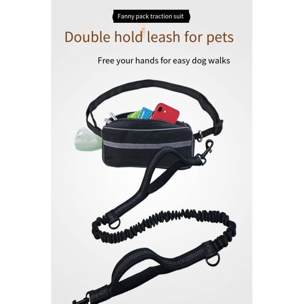 Pet Sports Running Reflective Material Leash Dog Double Handle Leash With Waist Bag Set
