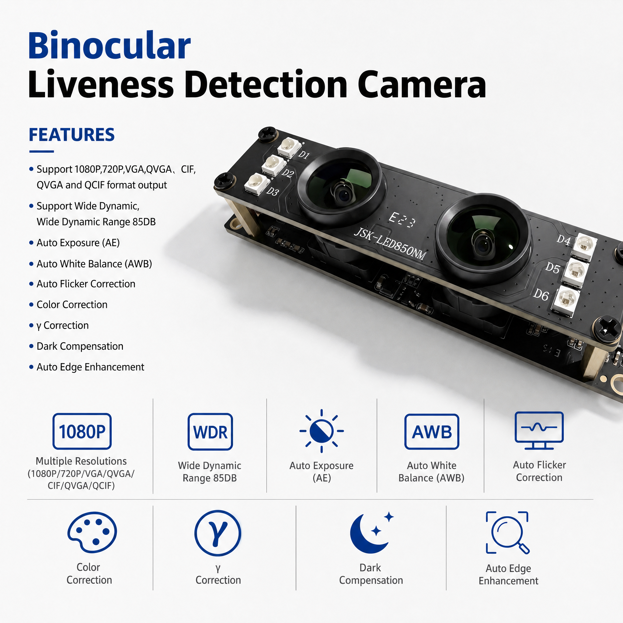 1080p RGB IR Face Recognition Camera Module 15cm to Infinity Focus USB 2.0 Interface