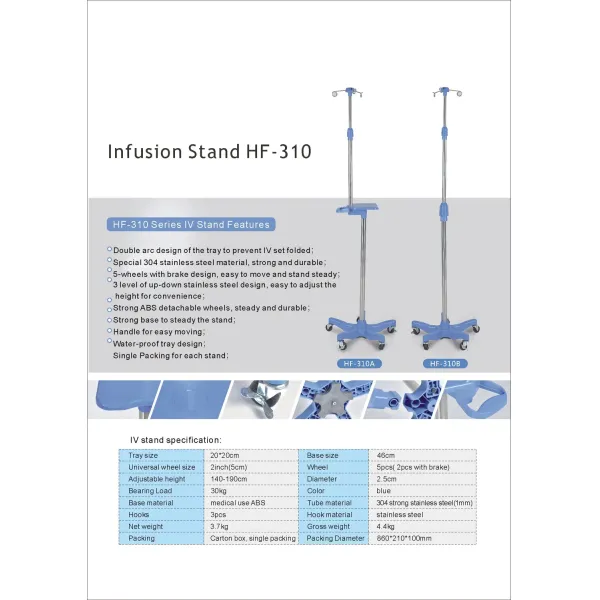 Adjustable Height Hospital Infusion Stand Easy to Move and Power Type Without Power in Blue