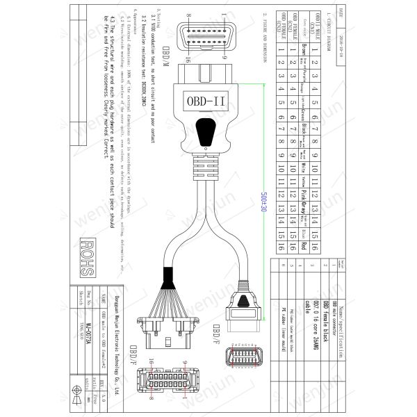 Automotive Black OBD2 Y Cable One To Two Plug Length 50cm ABS Material