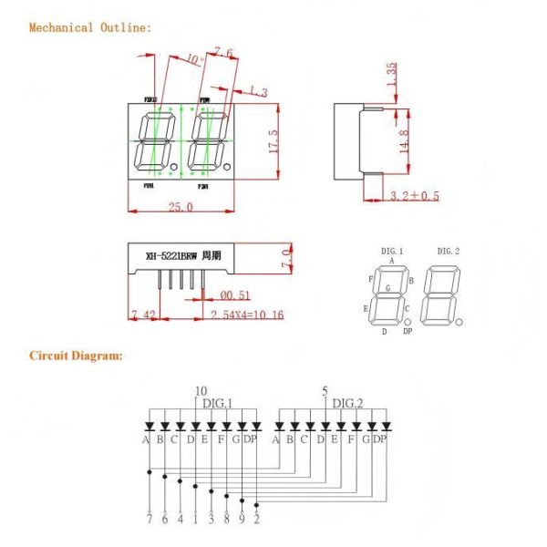 High Clarity LED 2 Digit 7 Segment Display 0.52 Inch Digit Height Suitable for Numeric Display in Electronic Instruments
