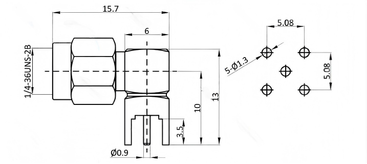 Gold-Plated Brass SMA Right Angle PCB Connector with 6GHz Frequency Range for High-Frequency Signal Transmission