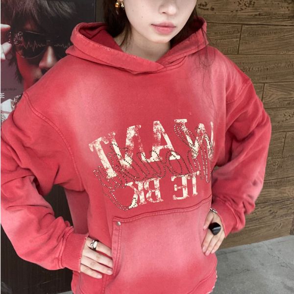Washed Make Old Worn-out Letter Printed Heavyweight Looped 100% Cotton Breathable Windproof Oversized Fit Hoodie Pocket Winter